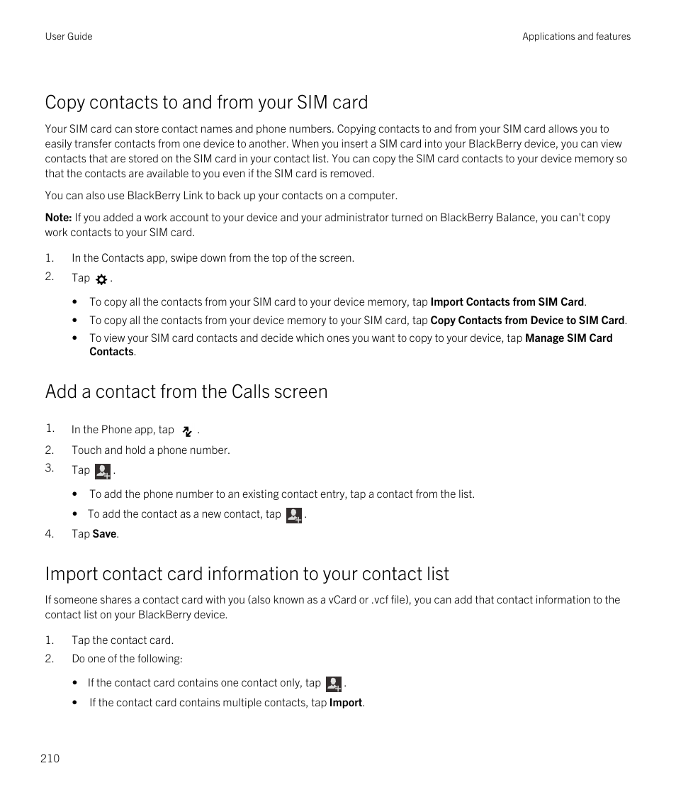 Copy contacts to and from your sim card, Add a contact from the calls screen | Blackberry Passport User Manual | Page 210 / 278