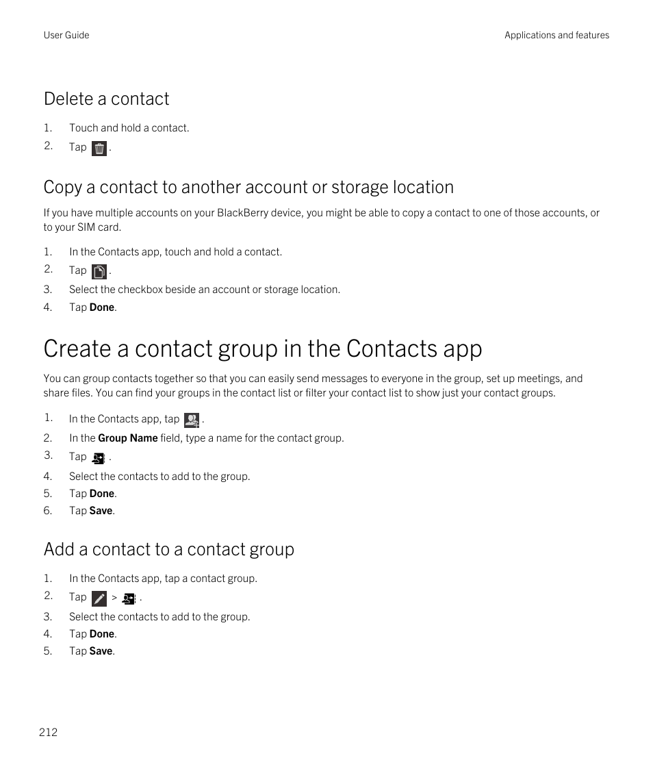 Create a contact group in the contacts app, Delete a contact, Add a contact to a contact group | Blackberry Passport User Manual | Page 212 / 278