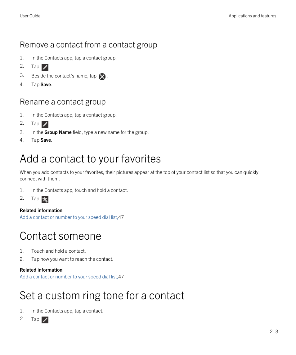 Add a contact to your favorites, Contact someone, Set a custom ring tone for a contact | Remove a contact from a contact group, Rename a contact group | Blackberry Passport User Manual | Page 213 / 278