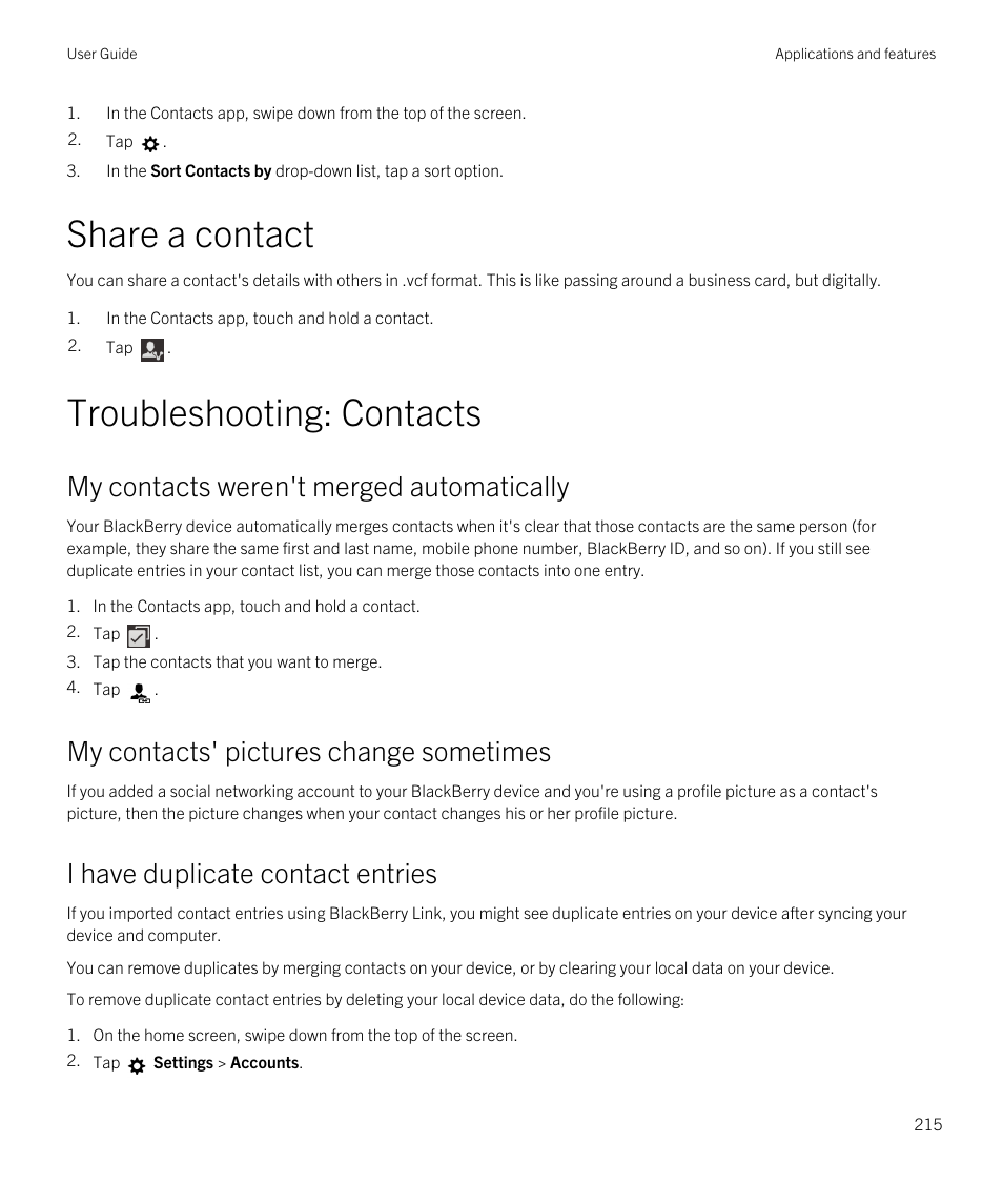 Share a contact, Troubleshooting: contacts, My contacts weren't merged automatically | My contacts' pictures change sometimes, I have duplicate contact entries | Blackberry Passport User Manual | Page 215 / 278