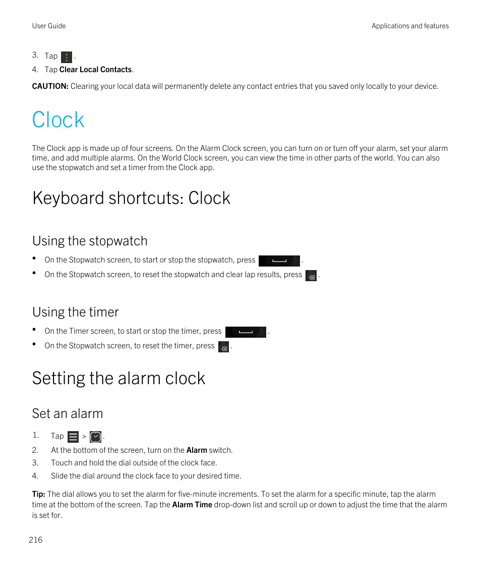 Clock, Keyboard shortcuts: clock, Setting the alarm clock | Set an alarm, Using the stopwatch, Using the timer | Blackberry Passport User Manual | Page 216 / 278