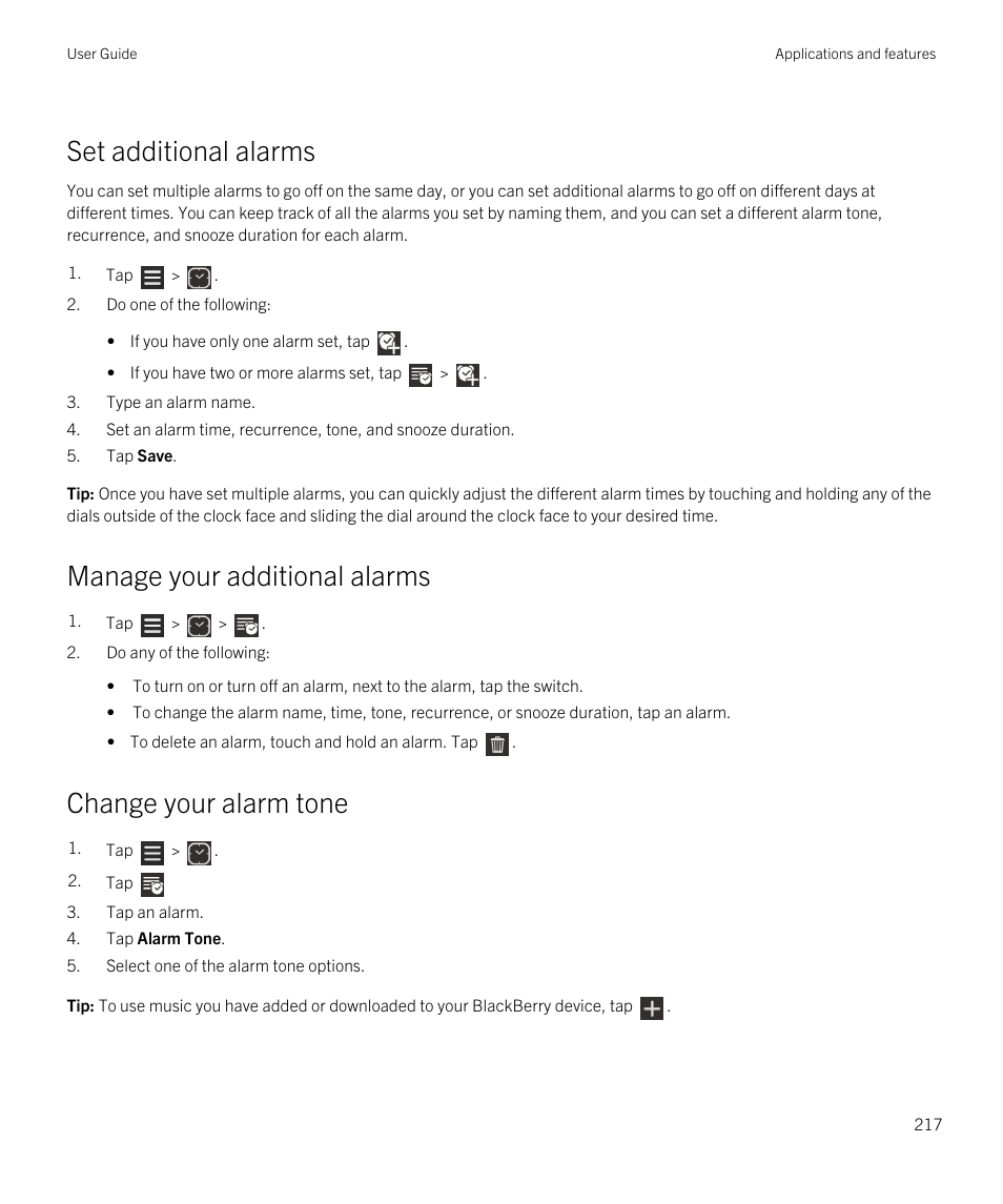 Set additional alarms, Manage your additional alarms, Change your alarm tone | Blackberry Passport User Manual | Page 217 / 278