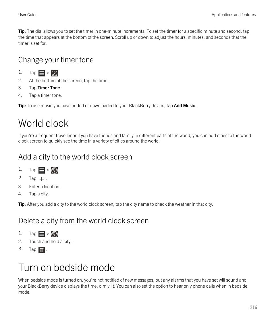 World clock, Turn on bedside mode, Change your timer tone | Add a city to the world clock screen, Delete a city from the world clock screen | Blackberry Passport User Manual | Page 219 / 278