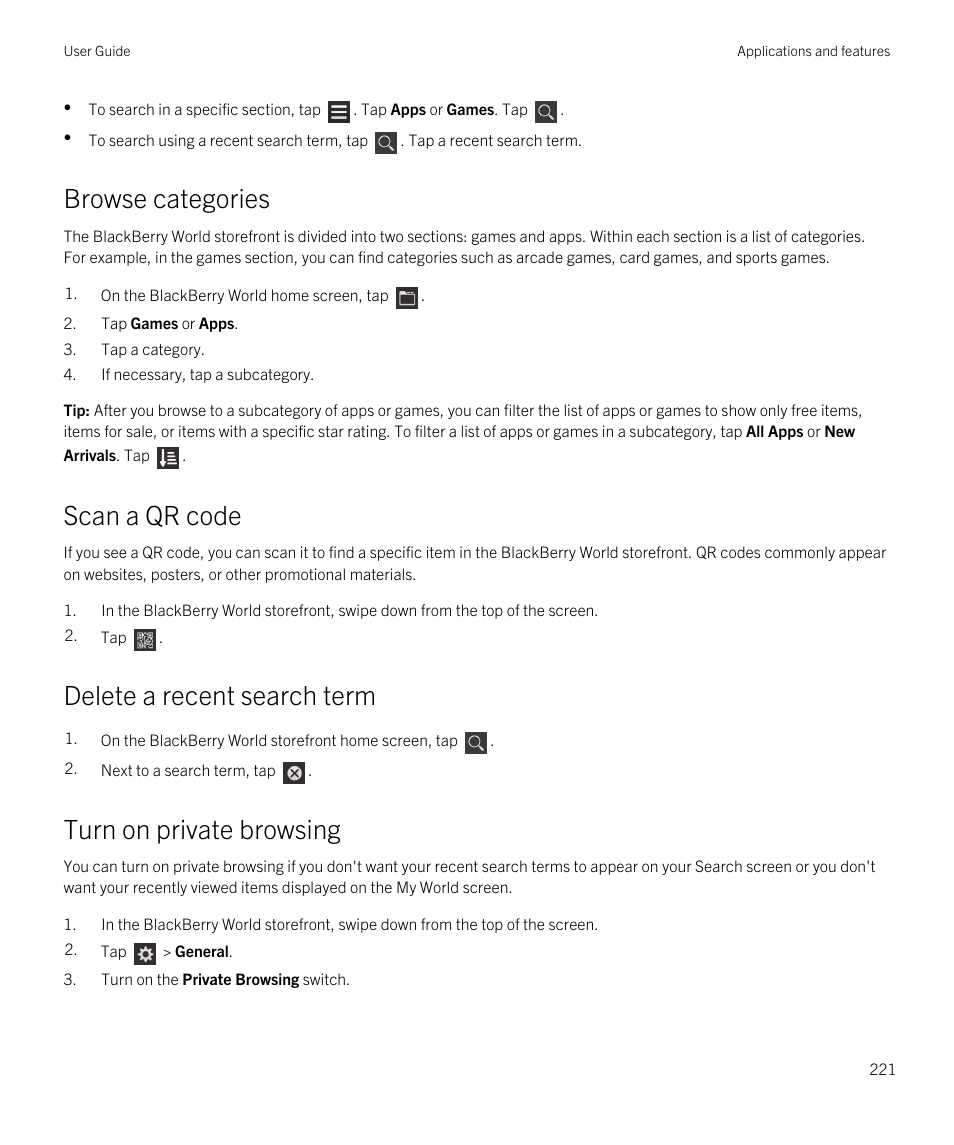 Browse categories, Scan a qr code, Delete a recent search term | Turn on private browsing | Blackberry Passport User Manual | Page 221 / 278