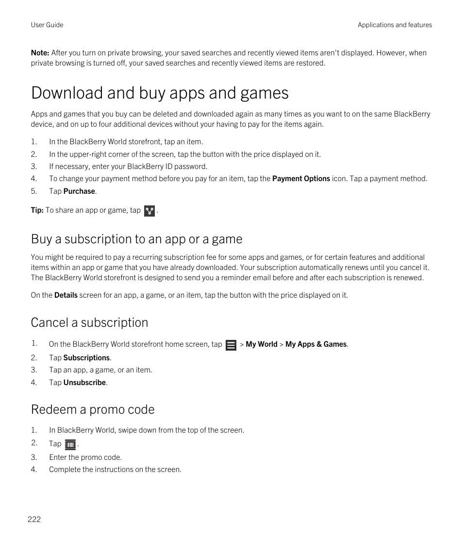 Download and buy apps and games, Redeem a promo code, Buy a subscription to an app or a game | Cancel a subscription | Blackberry Passport User Manual | Page 222 / 278