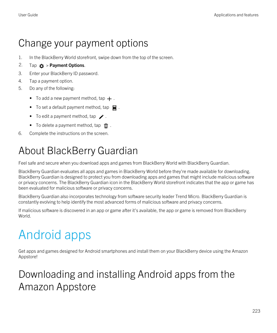 Change your payment options, About blackberry guardian, Android apps | Blackberry Passport User Manual | Page 223 / 278