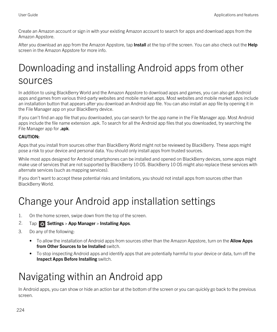 Change your android app installation settings, Navigating within an android app | Blackberry Passport User Manual | Page 224 / 278