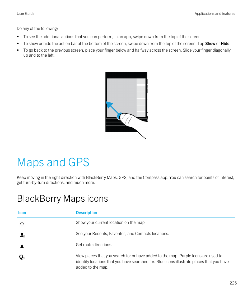 Maps and gps, Blackberry maps icons | Blackberry Passport User Manual | Page 225 / 278