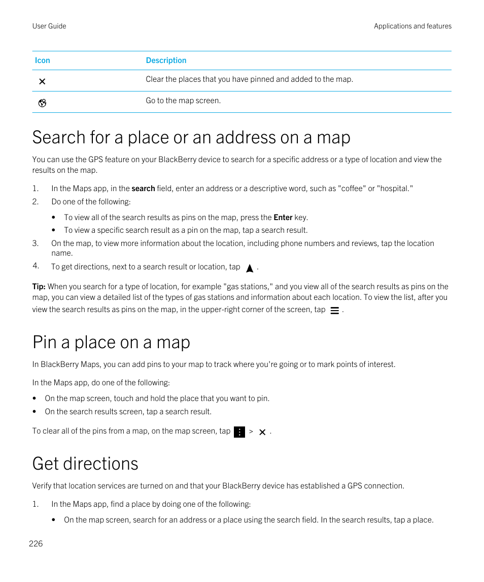 Search for a place or an address on a map, Pin a place on a map, Get directions | Blackberry Passport User Manual | Page 226 / 278