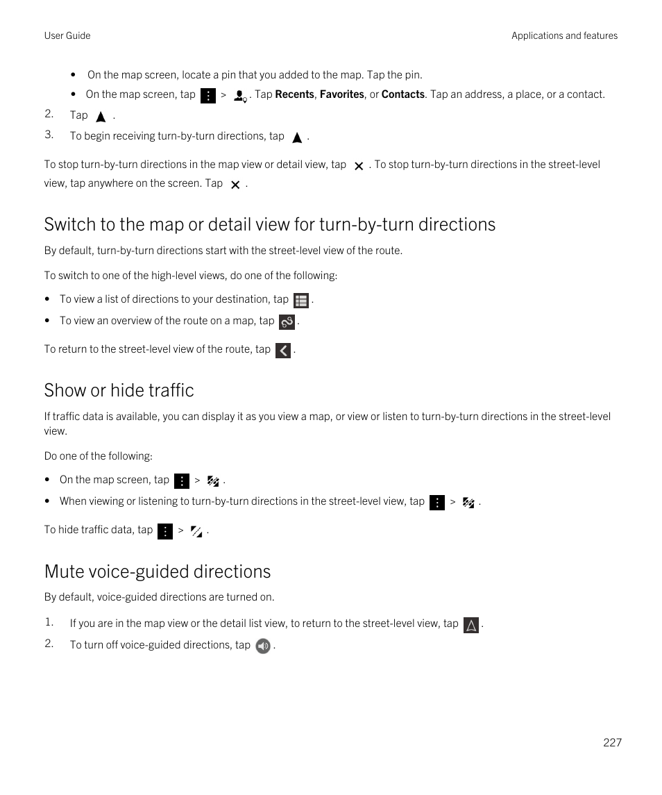 Show or hide traffic, Mute voice-guided directions | Blackberry Passport User Manual | Page 227 / 278