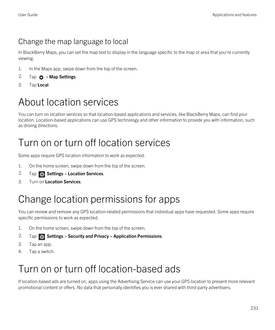 Change the map language to local, About location services, Turn on or turn off location services | Change location permissions for apps, Turn on or turn off location-based ads | Blackberry Passport User Manual | Page 231 / 278