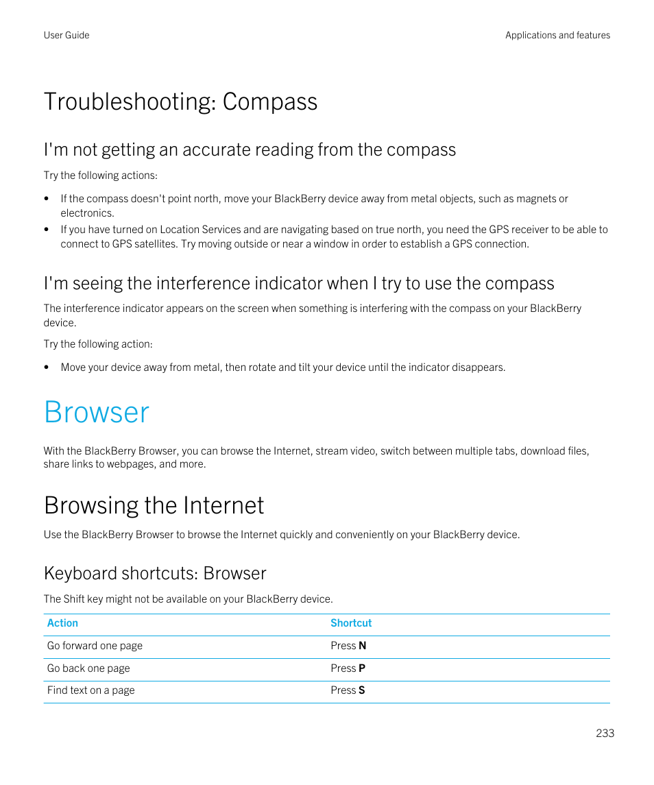 Troubleshooting: compass, Browser, Browsing the internet | Keyboard shortcuts: browser | Blackberry Passport User Manual | Page 233 / 278