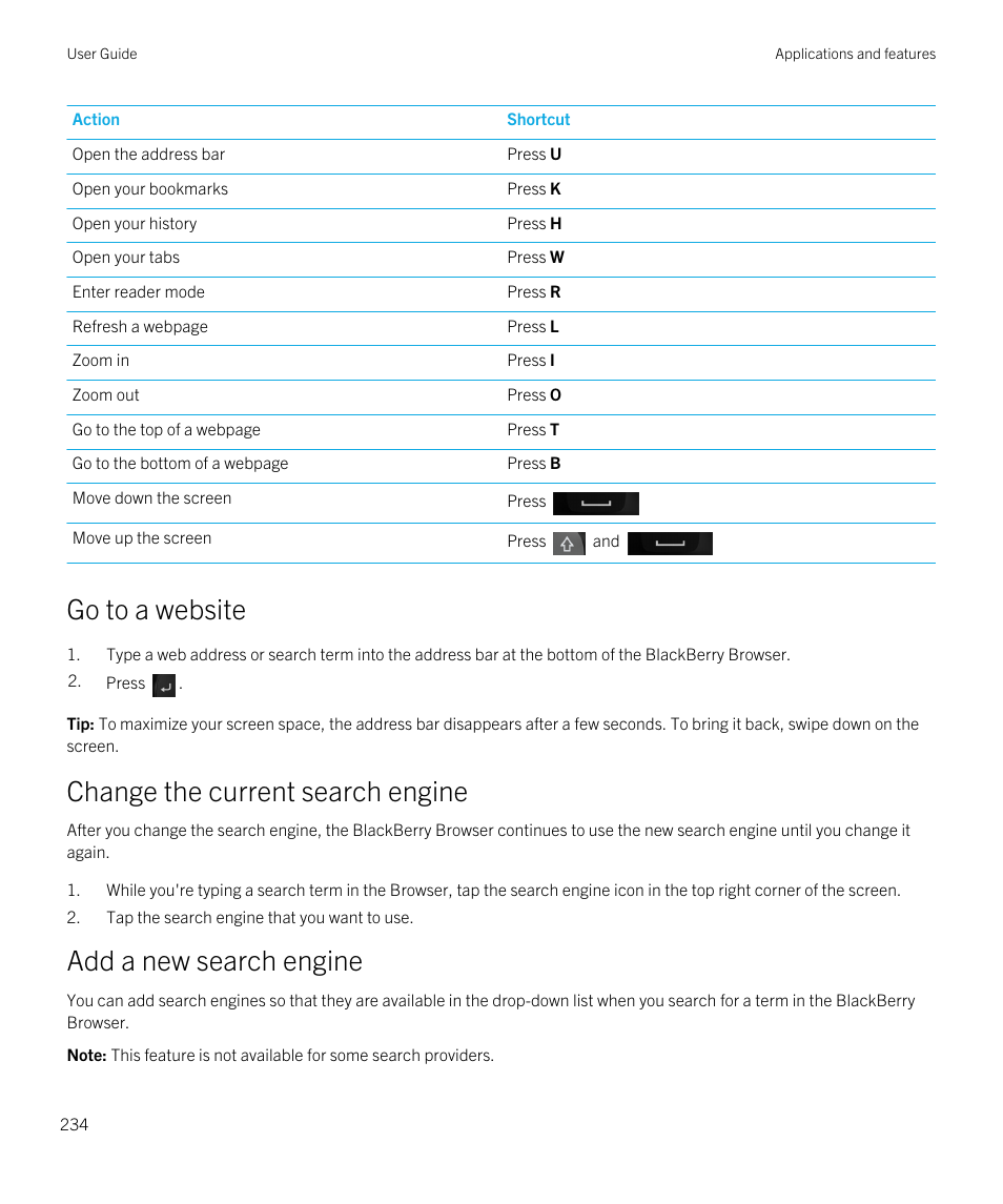 Go to a website, Change the current search engine, Add a new search engine | Blackberry Passport User Manual | Page 234 / 278