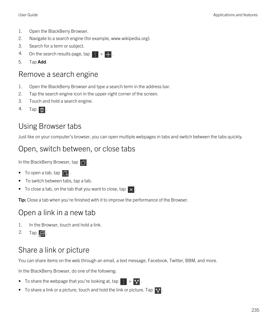 Using browser tabs, Share a link or picture, Remove a search engine | Open, switch between, or close tabs, Open a link in a new tab | Blackberry Passport User Manual | Page 235 / 278