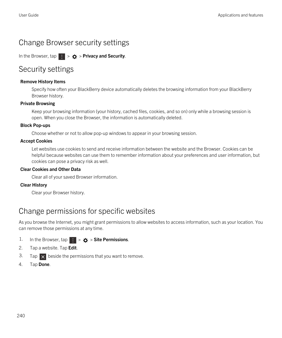 Change browser security settings, Change permissions for specific websites, Security settings | Blackberry Passport User Manual | Page 240 / 278