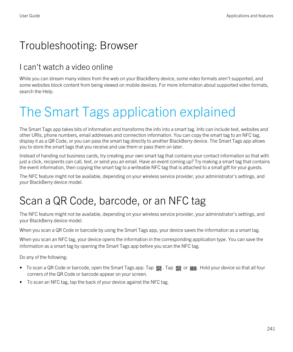 Troubleshooting: browser, The smart tags application explained, Scan a qr code, barcode, or an nfc tag | I can't watch a video online | Blackberry Passport User Manual | Page 241 / 278