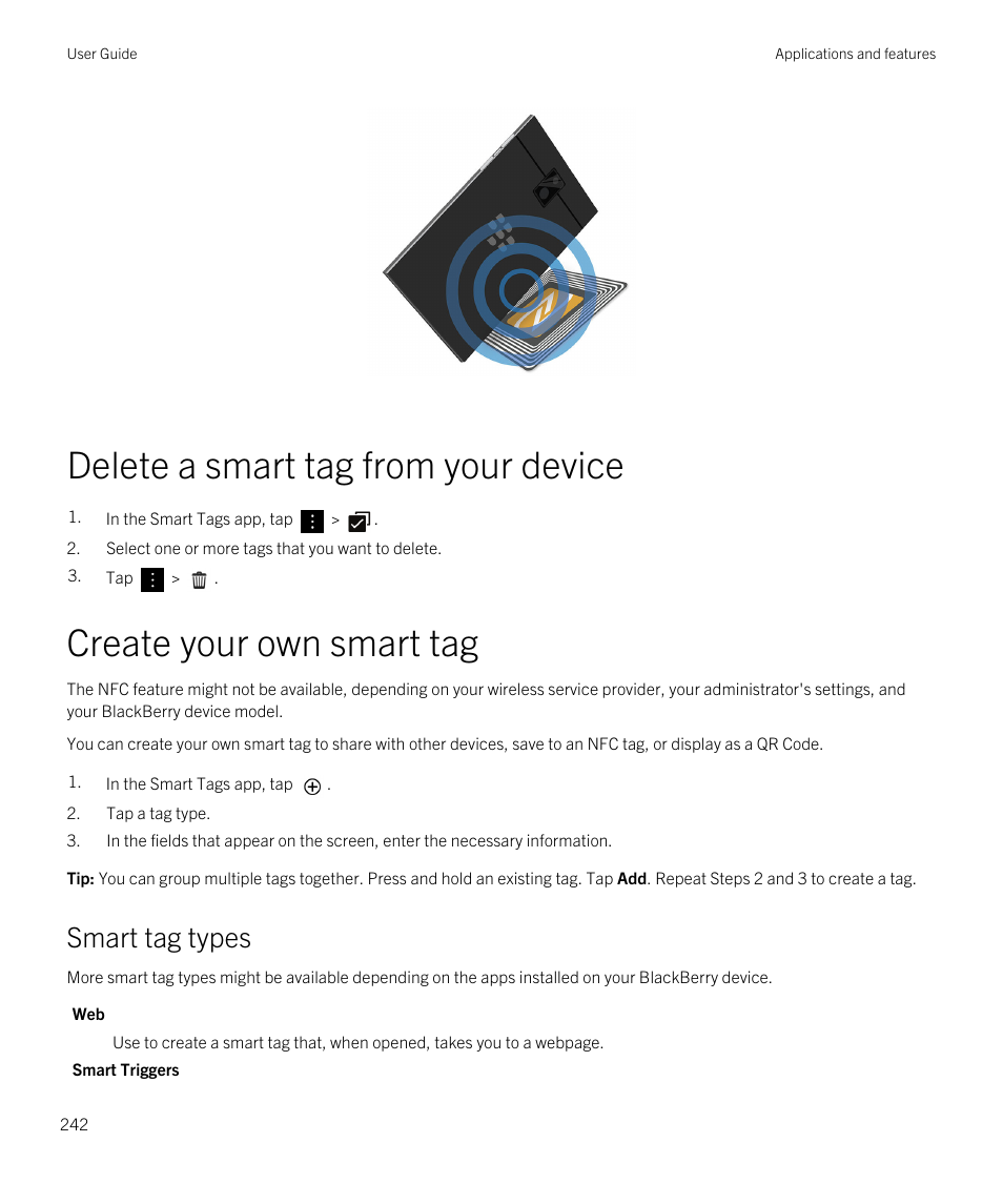 Delete a smart tag from your device, Create your own smart tag, Smart tag types | Blackberry Passport User Manual | Page 242 / 278