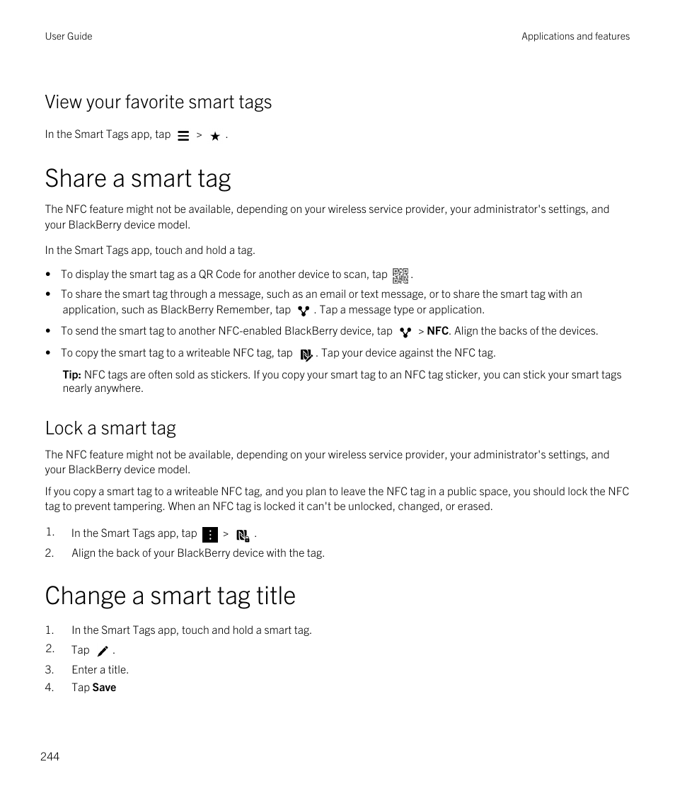 Share a smart tag, Change a smart tag title, View your favorite smart tags | Lock a smart tag | Blackberry Passport User Manual | Page 244 / 278