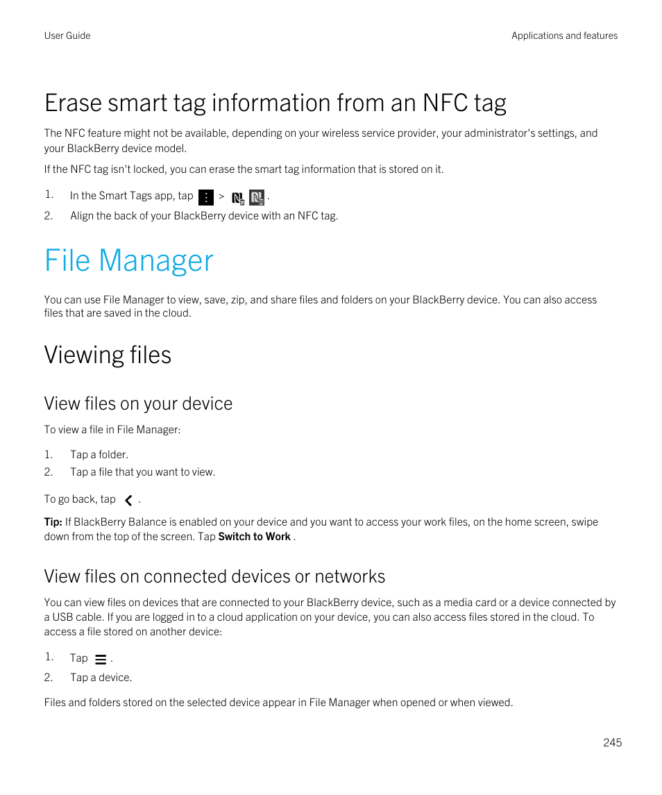 Erase smart tag information from an nfc tag, File manager, Viewing files | View files on your device, View files on connected devices or networks | Blackberry Passport User Manual | Page 245 / 278