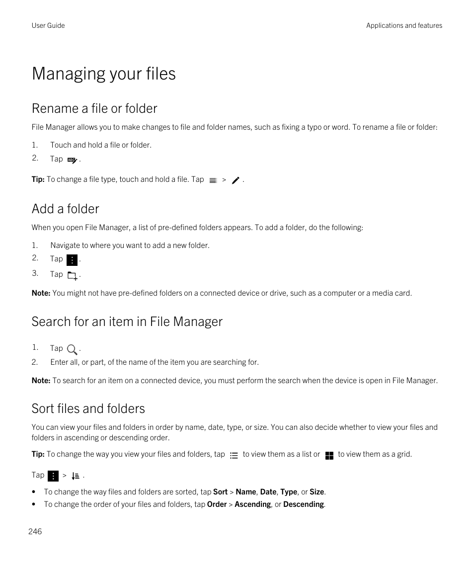 Managing your files, Rename a file or folder, Add a folder | Search for an item in file manager, Sort files and folders | Blackberry Passport User Manual | Page 246 / 278