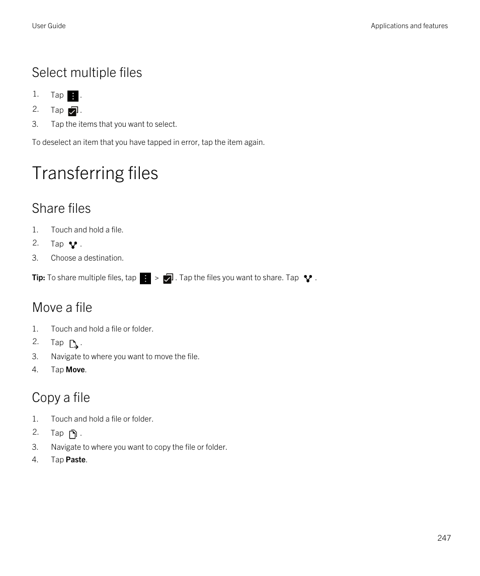 Transferring files, Select multiple files, Share files | Move a file, Copy a file | Blackberry Passport User Manual | Page 247 / 278