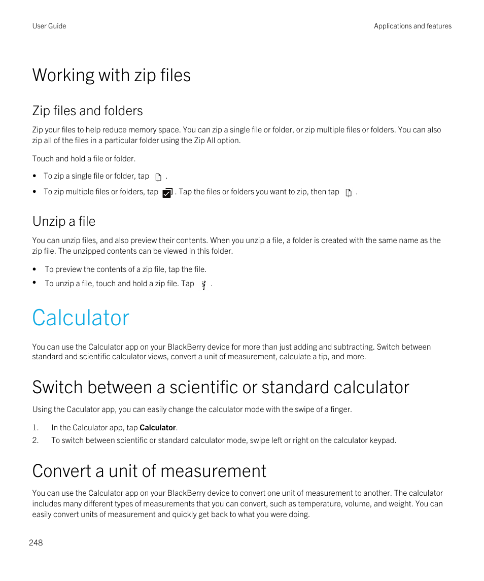 Working with zip files, Calculator, Switch between a scientific or standard calculator | Convert a unit of measurement, Zip files and folders, Unzip a file | Blackberry Passport User Manual | Page 248 / 278