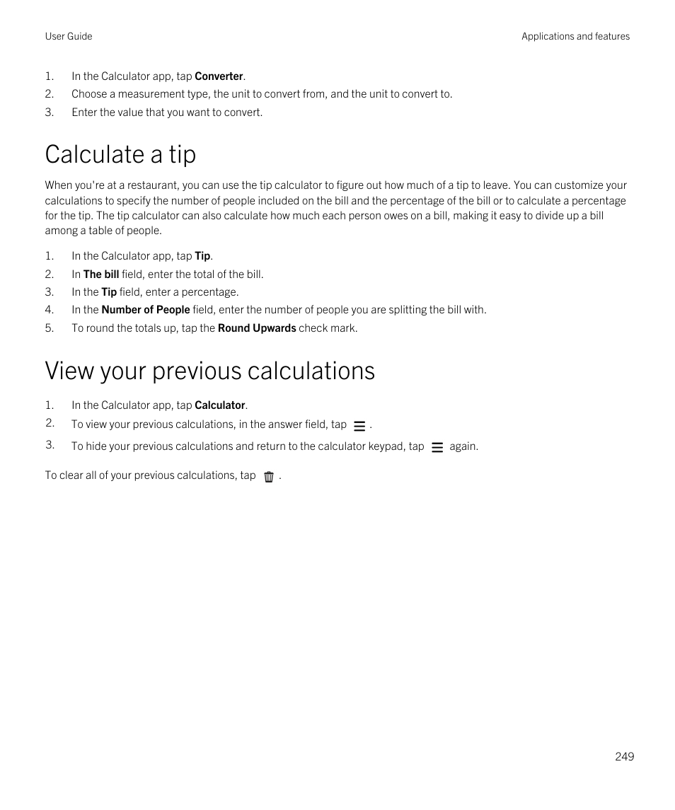 Calculate a tip, View your previous calculations | Blackberry Passport User Manual | Page 249 / 278