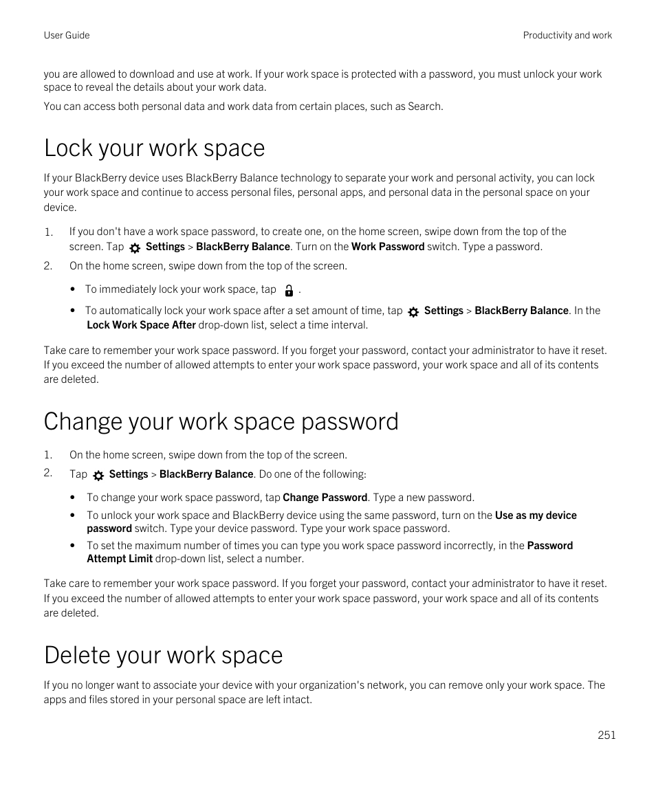 Lock your work space, Change your work space password, Delete your work space | Blackberry Passport User Manual | Page 251 / 278