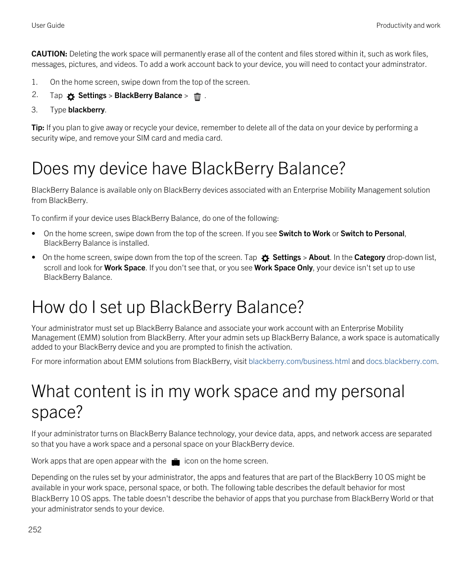 Does my device have blackberry balance, How do i set up blackberry balance | Blackberry Passport User Manual | Page 252 / 278