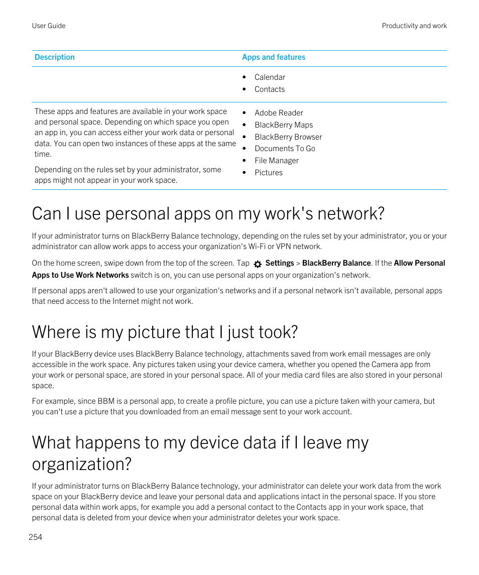 Can i use personal apps on my work's network, Where is my picture that i just took | Blackberry Passport User Manual | Page 254 / 278