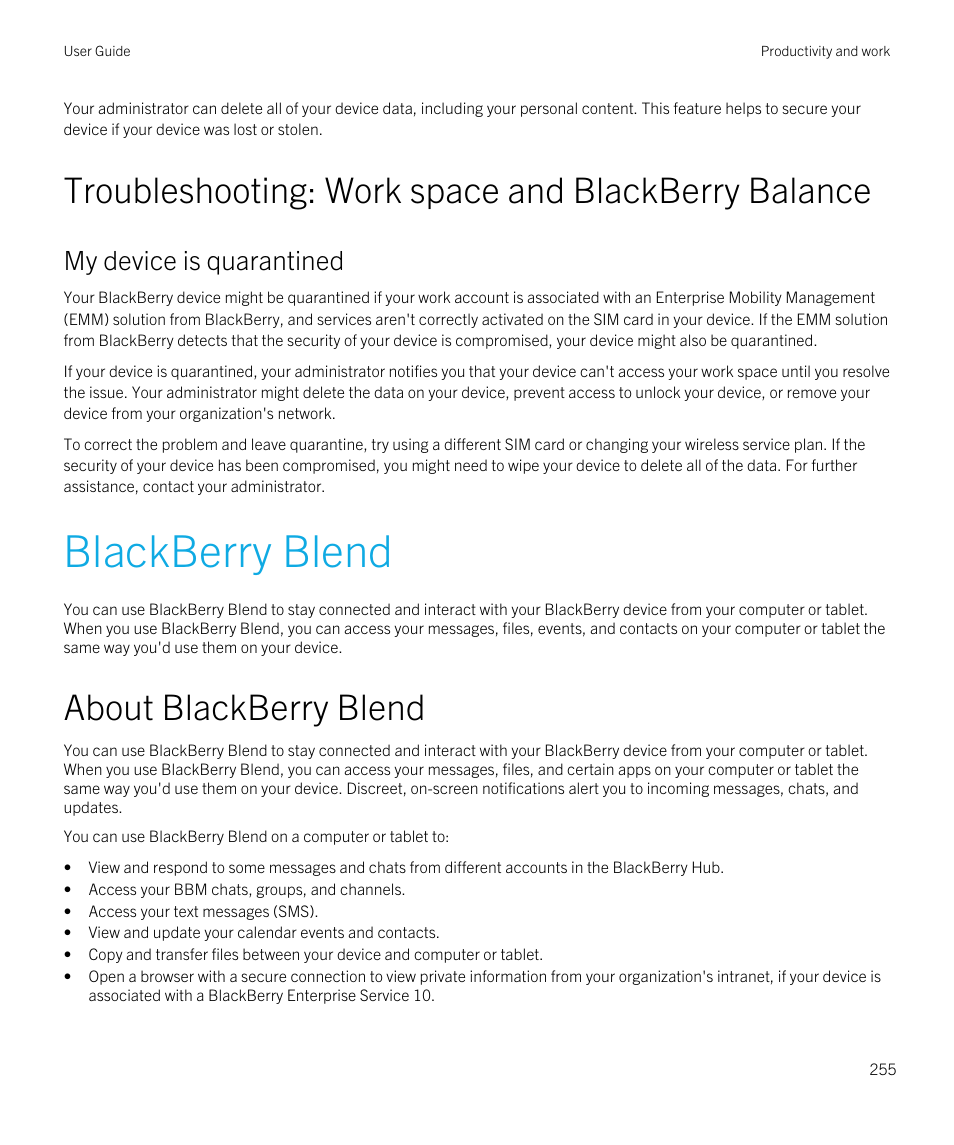 Troubleshooting: work space and blackberry balance, Blackberry blend, About blackberry blend | My device is quarantined | Blackberry Passport User Manual | Page 255 / 278