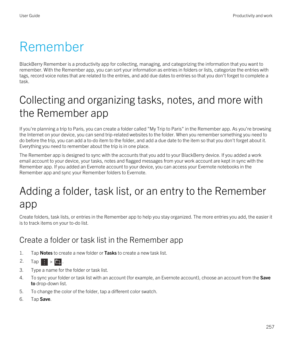Remember, Create a folder or task list in the remember app | Blackberry Passport User Manual | Page 257 / 278