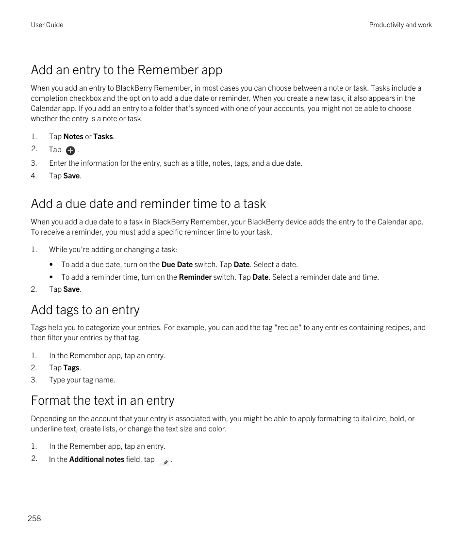 Add an entry to the remember app, Add tags to an entry, Add a due date and reminder time to a task | Format the text in an entry | Blackberry Passport User Manual | Page 258 / 278