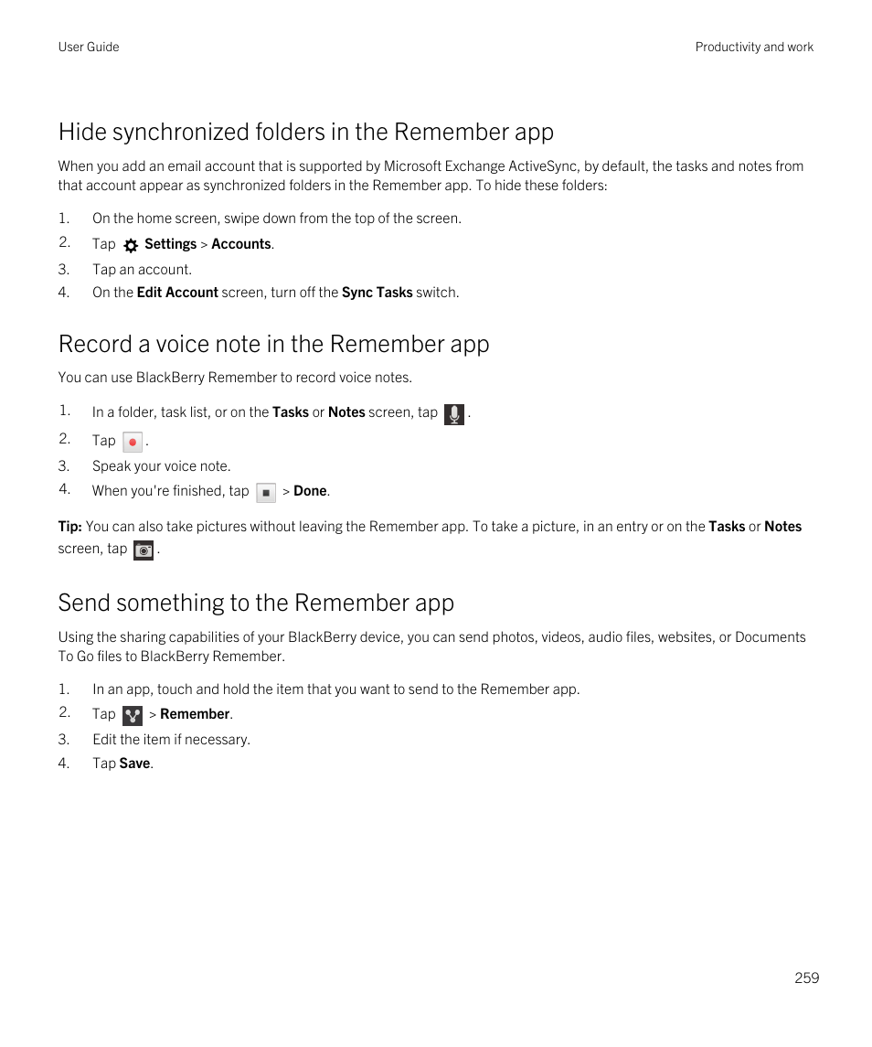 Hide synchronized folders in the remember app, Record a voice note in the remember app, Send something to the remember app | Blackberry Passport User Manual | Page 259 / 278