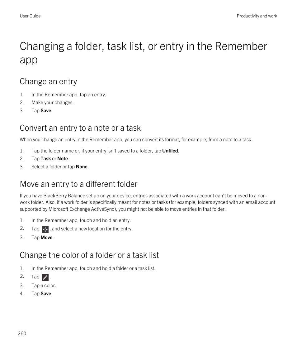 Change an entry, Move an entry to a different folder, Change the color of a folder or a task list | Blackberry Passport User Manual | Page 260 / 278