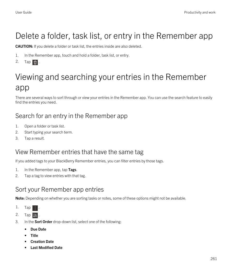 Search for an entry in the remember app, View remember entries that have the same tag, Sort your remember app entries | Blackberry Passport User Manual | Page 261 / 278