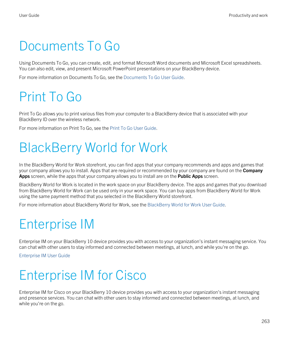 Documents to go, Print to go, Blackberry world for work | Enterprise im, Enterprise im for cisco | Blackberry Passport User Manual | Page 263 / 278