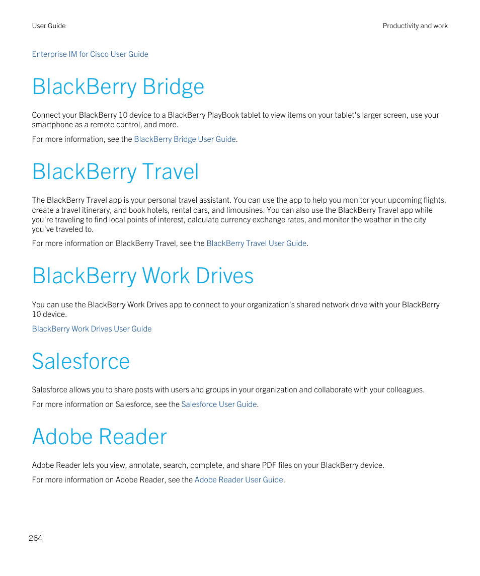 Blackberry bridge, Blackberry travel, Blackberry work drives | Salesforce, Adobe reader | Blackberry Passport User Manual | Page 264 / 278