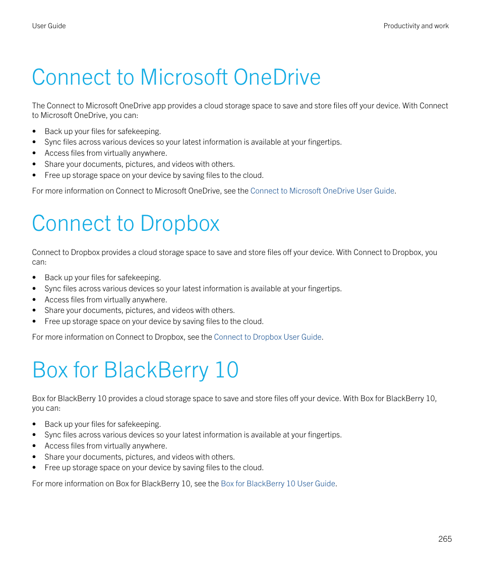 Connect to microsoft onedrive, Connect to dropbox, Box for blackberry 10 | Blackberry Passport User Manual | Page 265 / 278