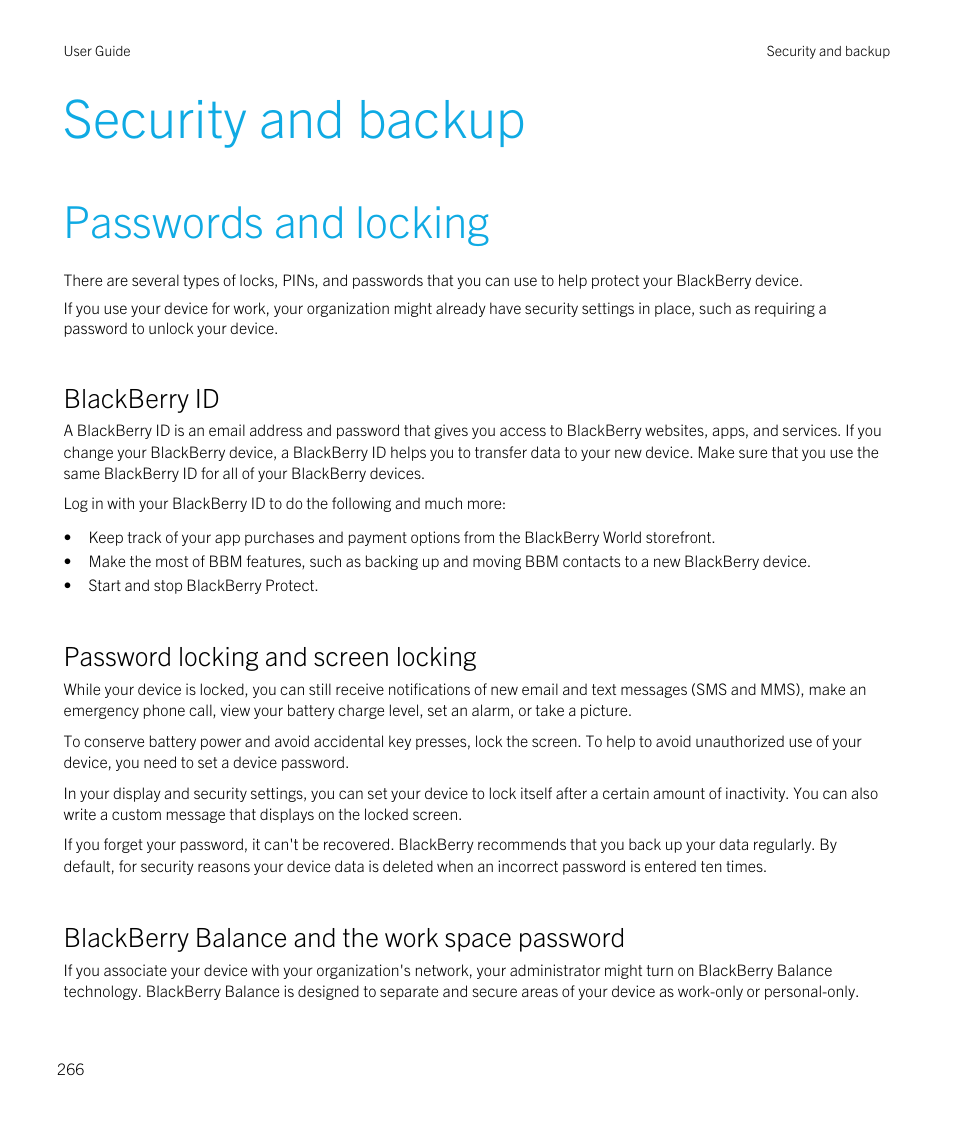 Security and backup, Passwords and locking, Blackberry id | Password locking and screen locking, Blackberry balance and the work space password | Blackberry Passport User Manual | Page 266 / 278