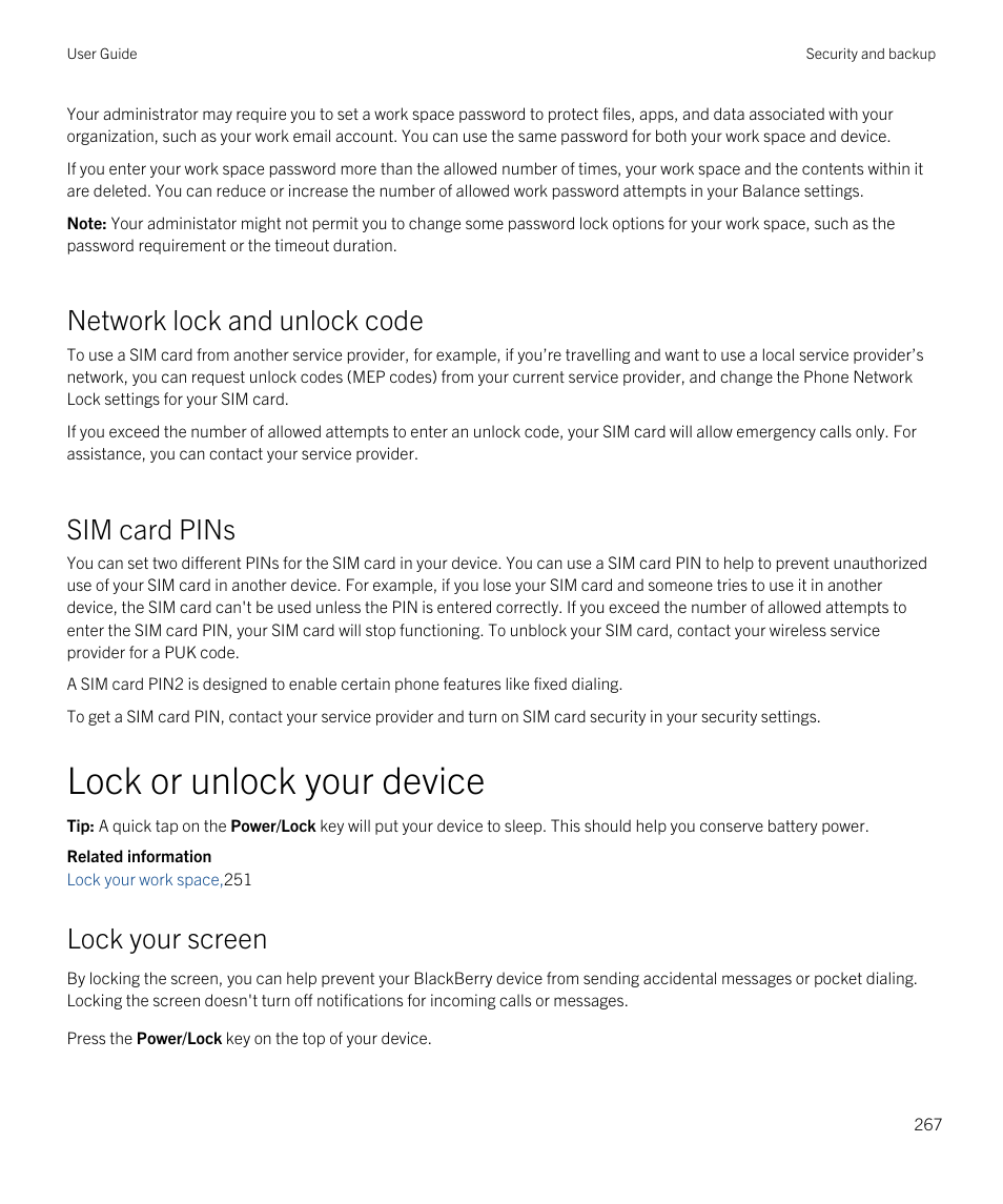 Lock or unlock your device, Network lock and unlock code, Sim card pins | Lock your screen | Blackberry Passport User Manual | Page 267 / 278