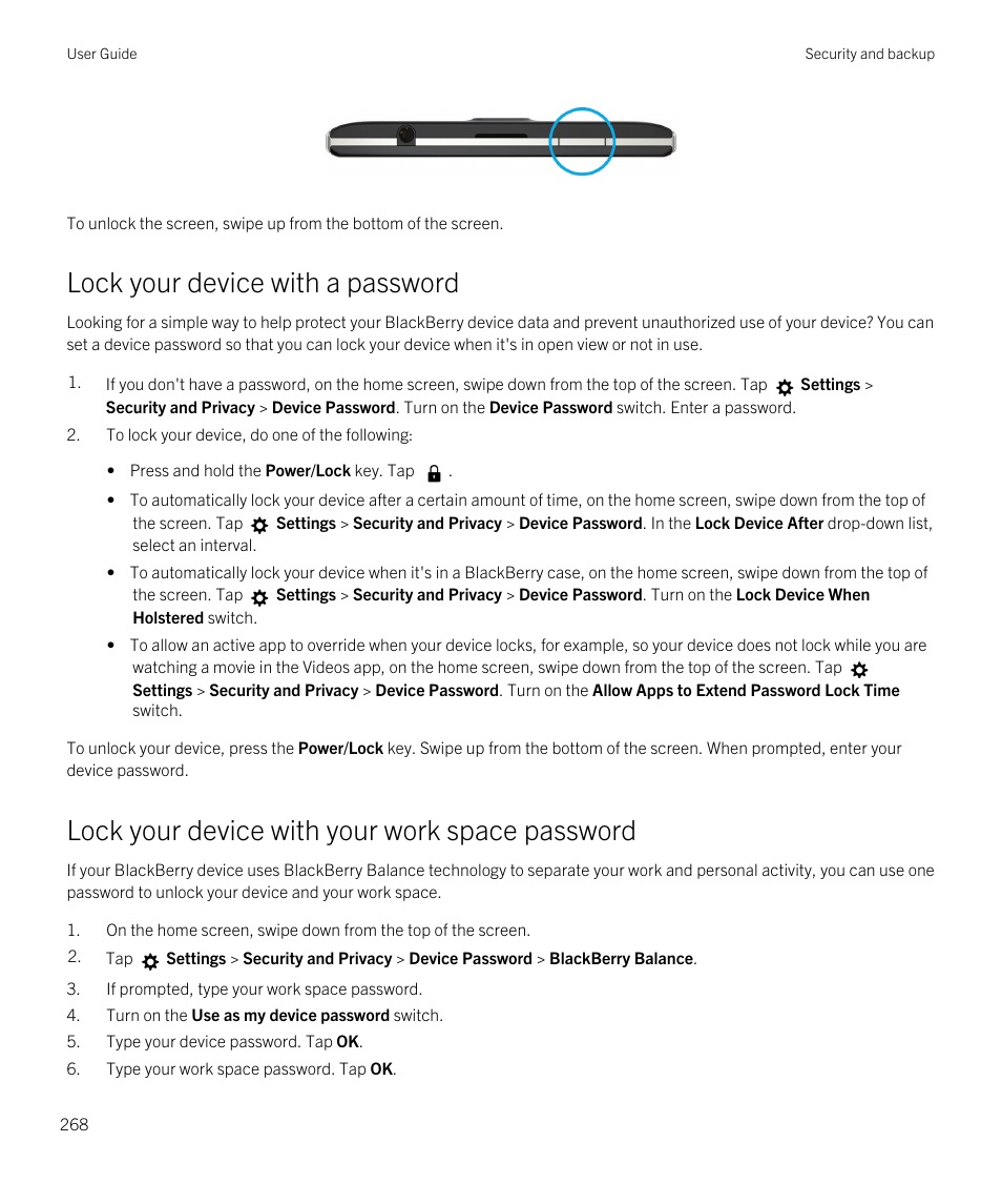 Lock your device with a password, Lock your device with your work space password | Blackberry Passport User Manual | Page 268 / 278