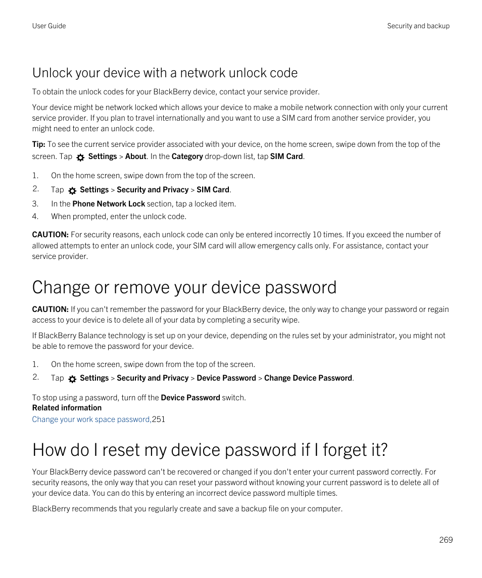 Change or remove your device password, How do i reset my device password if i forget it, Unlock your device with a network unlock code | Blackberry Passport User Manual | Page 269 / 278