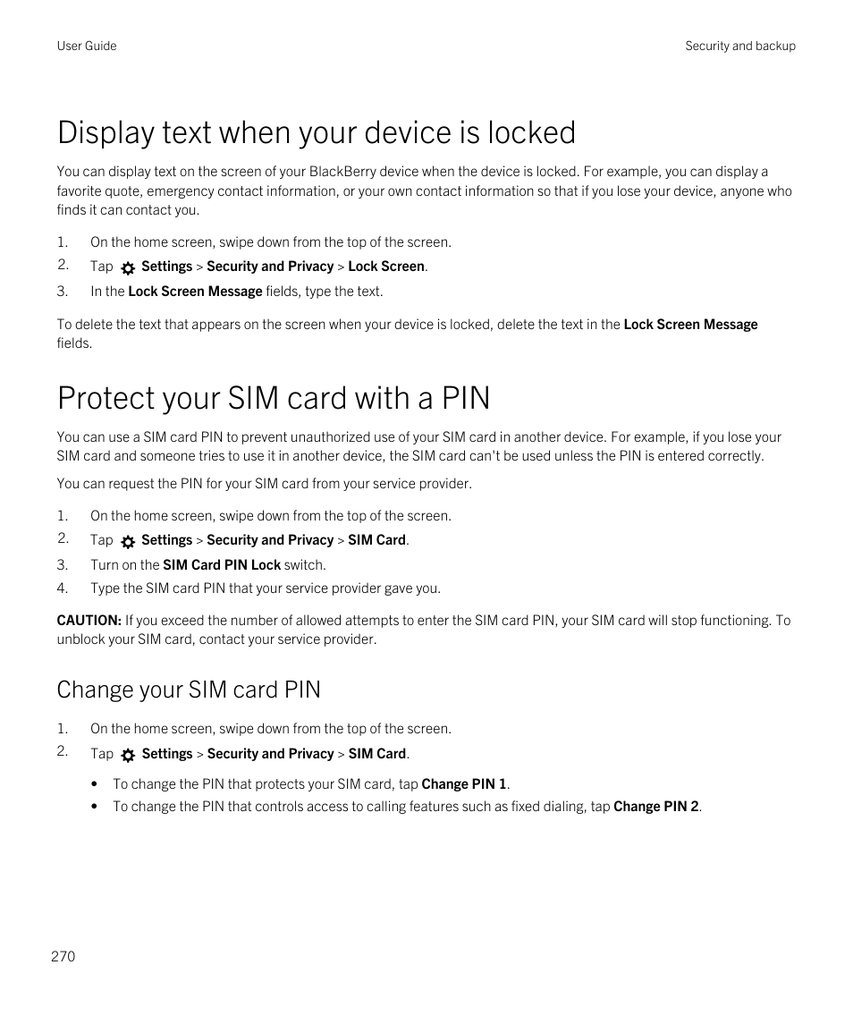 Display text when your device is locked, Protect your sim card with a pin, Change your sim card pin | Blackberry Passport User Manual | Page 270 / 278