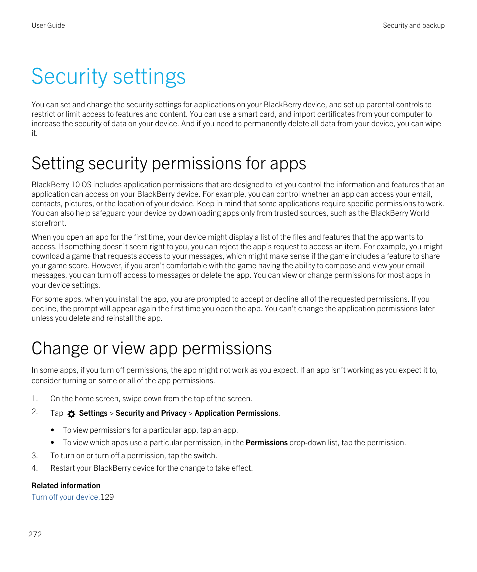 Security settings, Setting security permissions for apps, Change or view app permissions | Blackberry Passport User Manual | Page 272 / 278