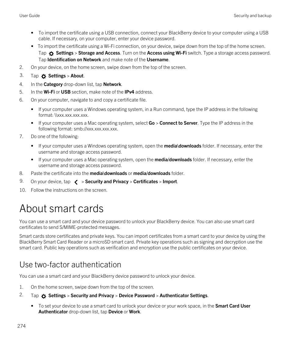 About smart cards, Use two-factor authentication | Blackberry Passport User Manual | Page 274 / 278