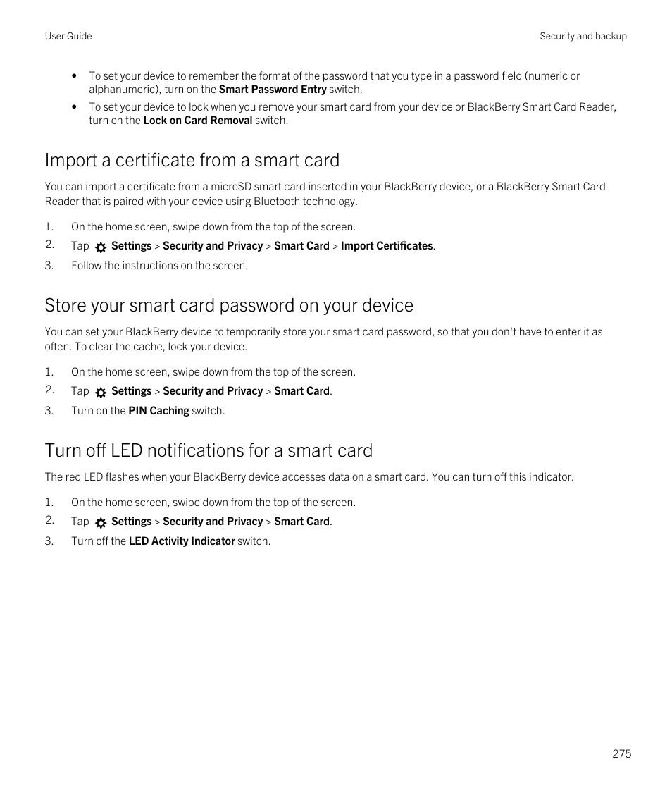 Import a certificate from a smart card, Store your smart card password on your device, Turn off led notifications for a smart card | Blackberry Passport User Manual | Page 275 / 278