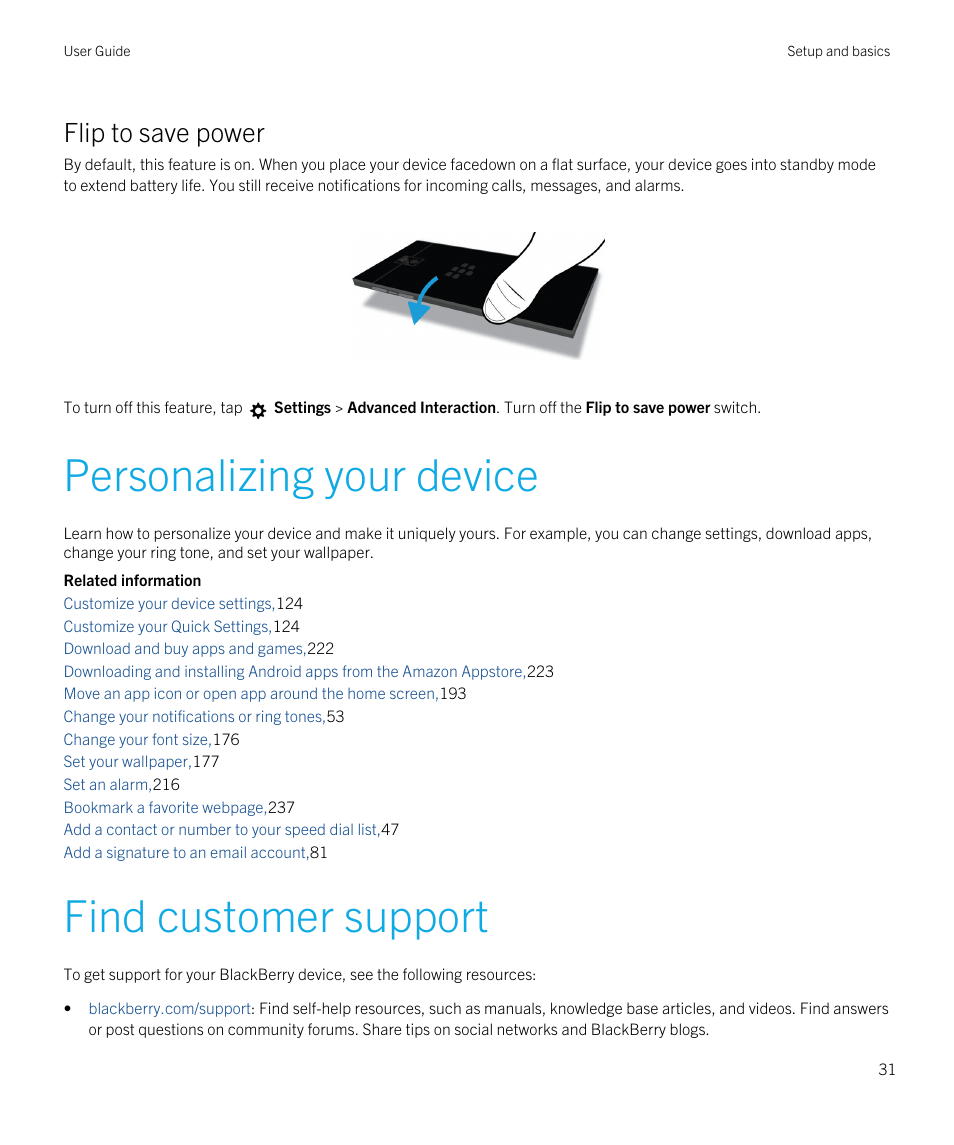 Personalizing your device, Find customer support, Personalizing your device find customer support | Flip to save power | Blackberry Passport User Manual | Page 31 / 278