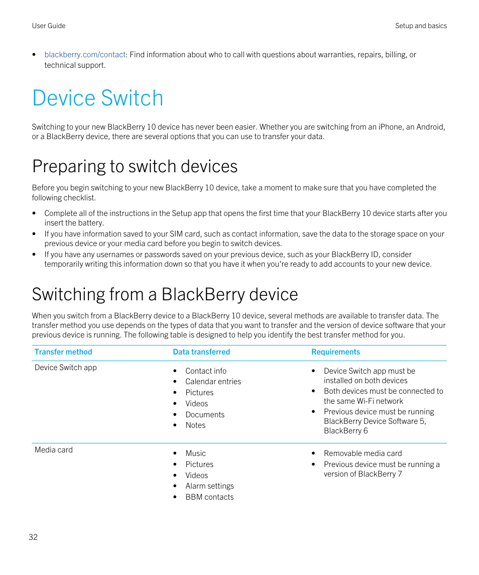 Device switch, Preparing to switch devices, Switching from a blackberry device | Blackberry Passport User Manual | Page 32 / 278