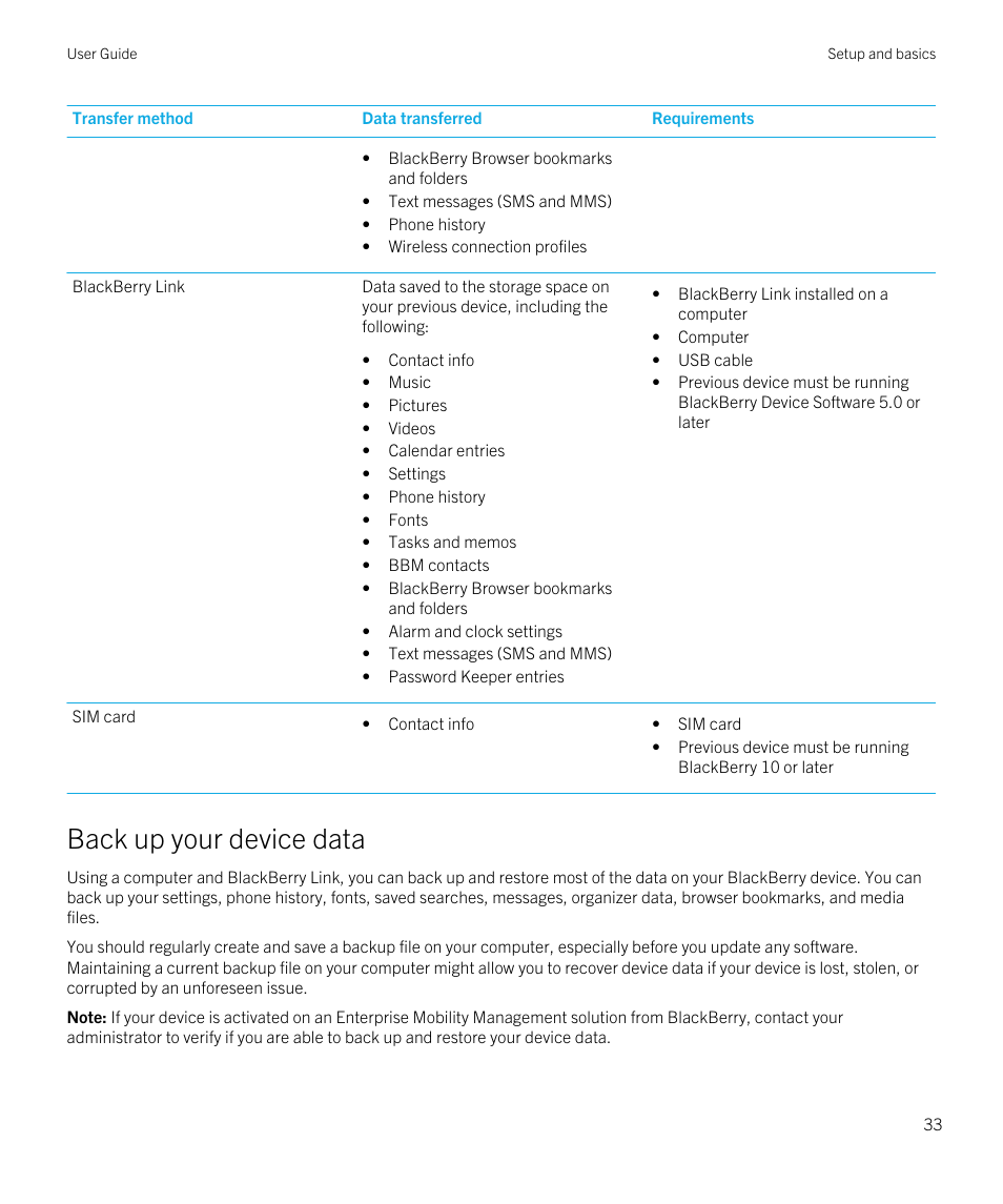 Back up your device data | Blackberry Passport User Manual | Page 33 / 278